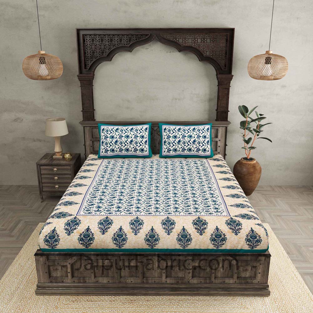 Sea Green  Border Tropical keri Design Cotton Double Bed Sheet