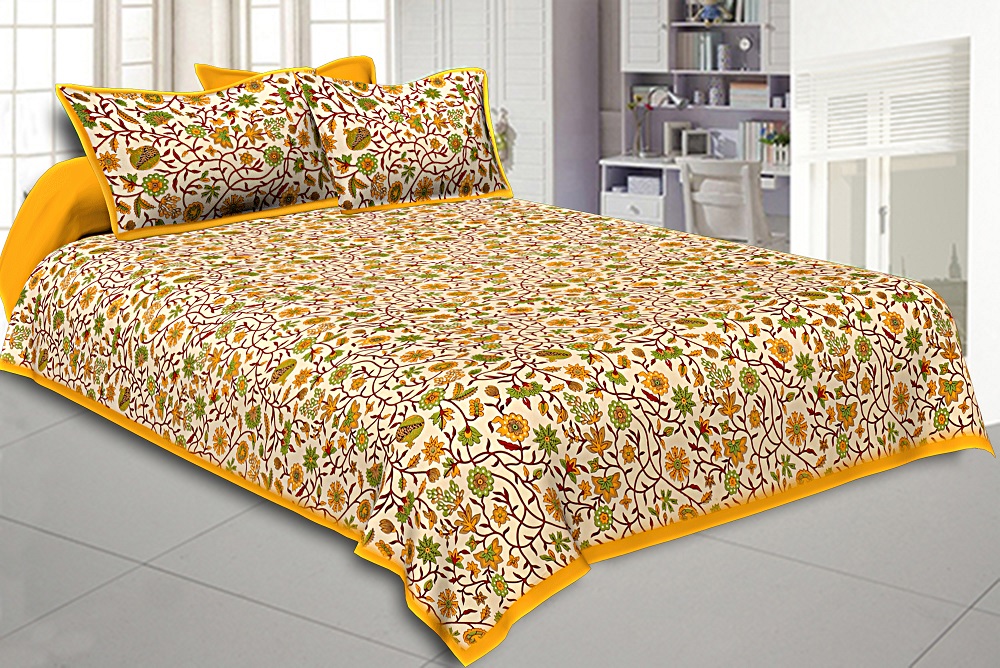 Double Bedsheet With Yellow Branch Of Pomegranate With Two Pillow Cover