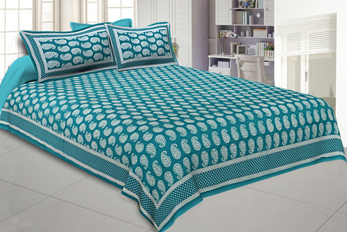Paisley Double Bedsheet Sea Green Color Fine Cotton With Two Pillow covers