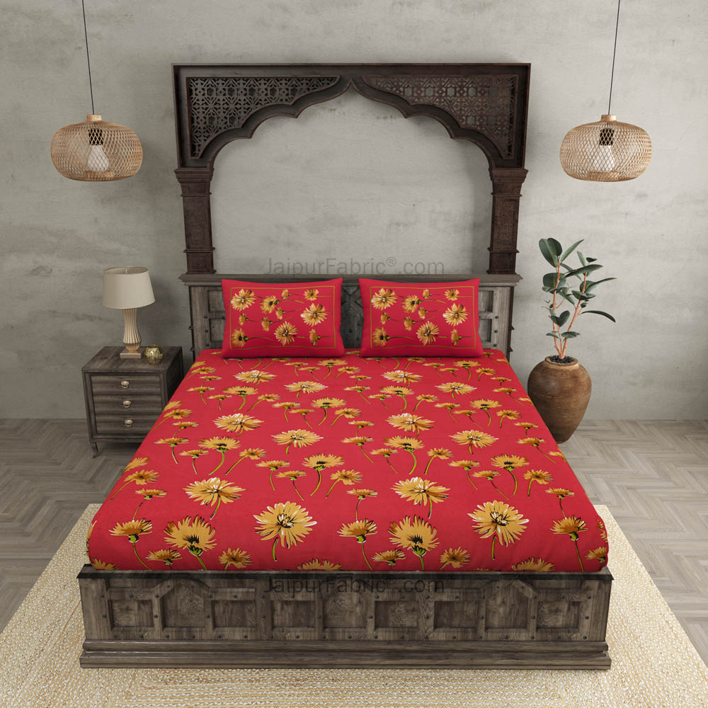 Sun Flower Double Bedsheet Red Color With 2 Pillow covers