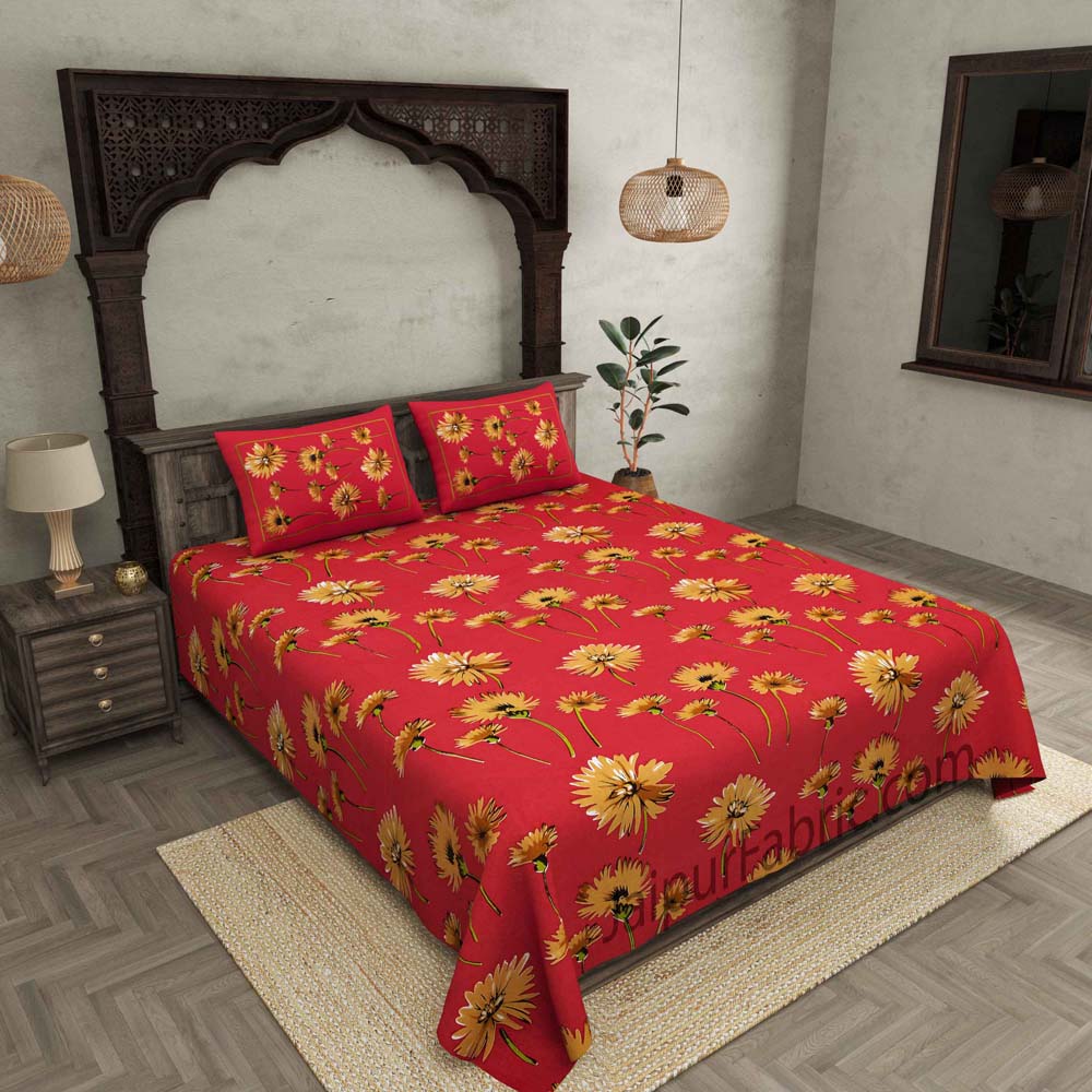 Sun Flower Double Bedsheet Red Color With 2 Pillow covers