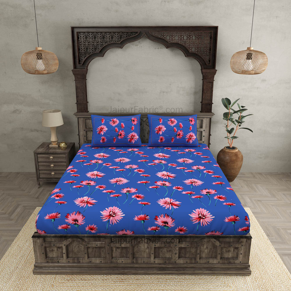 Sun Flower Double Bedsheet Blue Color With 2 Pillow covers