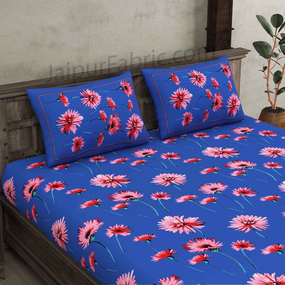 Sun Flower Double Bedsheet Blue Color With 2 Pillow covers