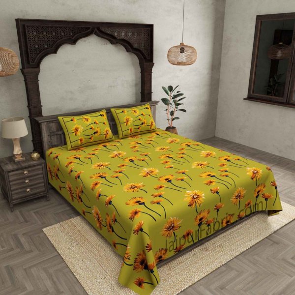 Sun Flower Double Bedsheet Green Color With 2 Pillow covers