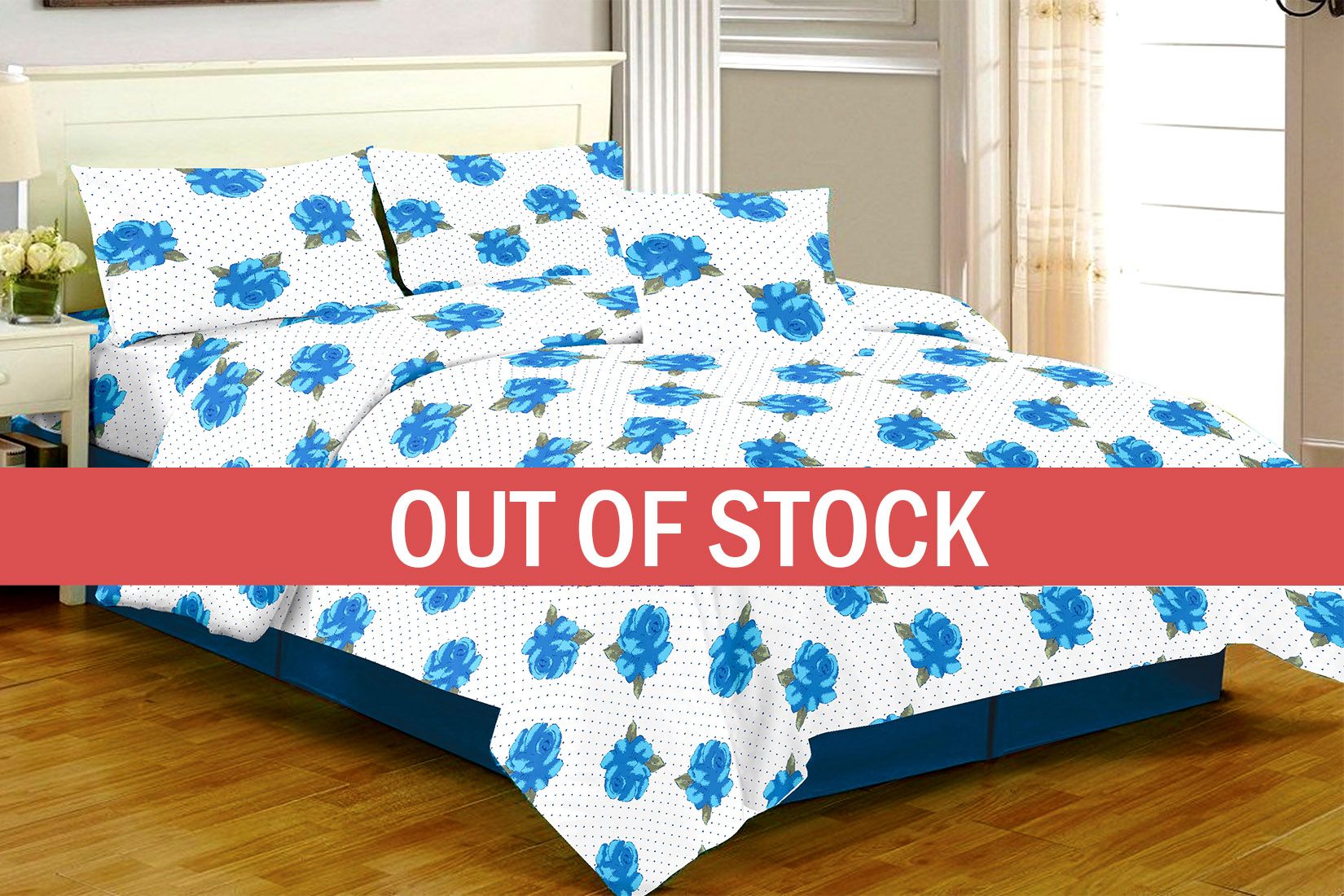 White Base Blue Flower Dotted Print Double Bed Sheet