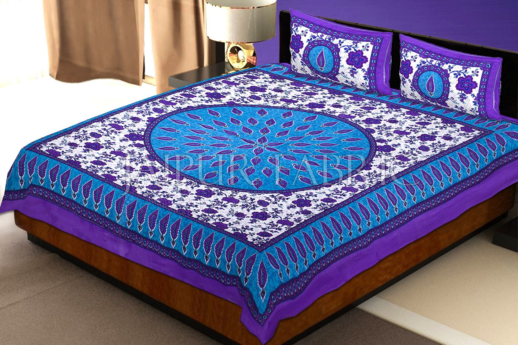 Purple and Blue Border with White Base Floral Print Cotton Double Bed Sheet