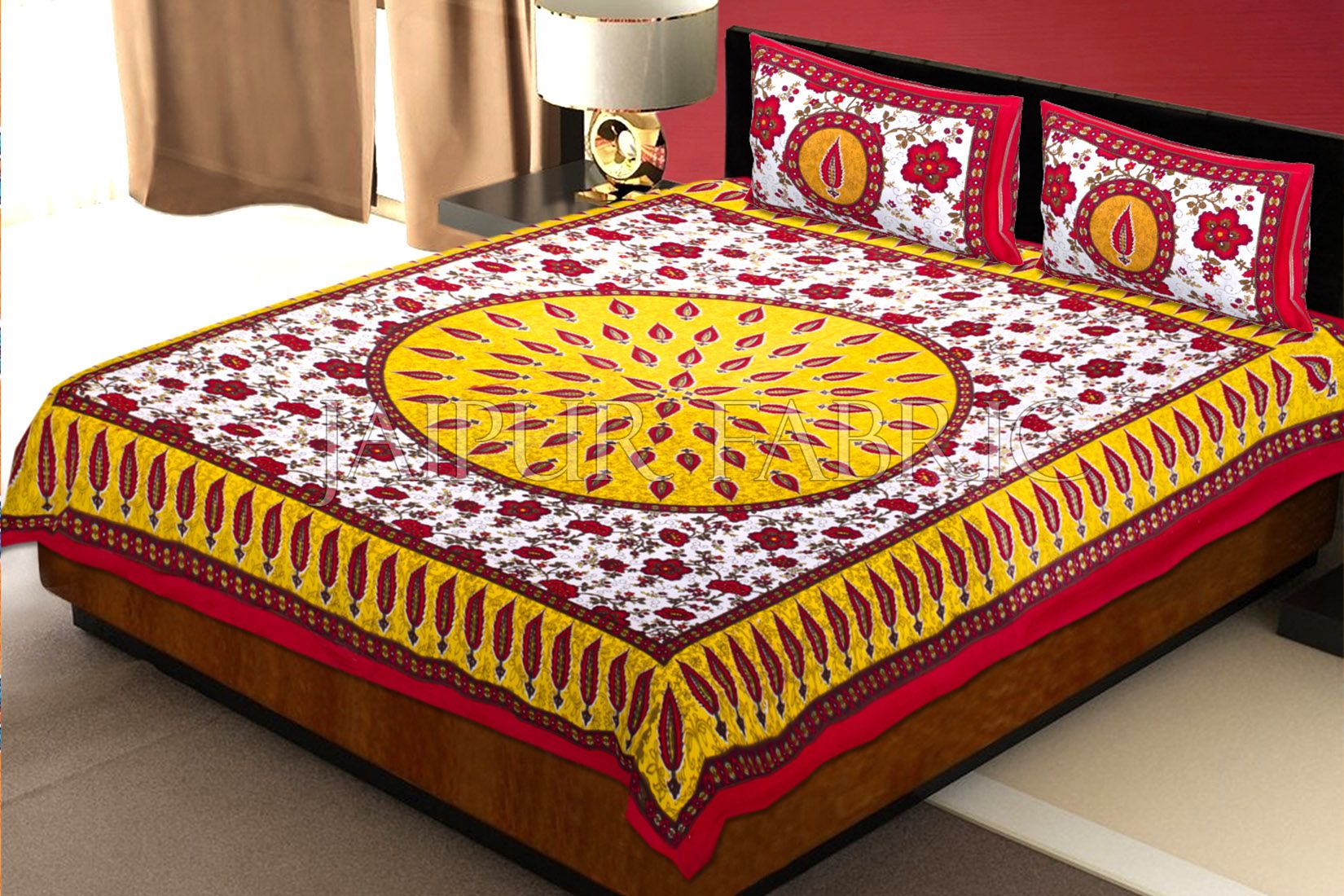 Red and Yellow Border with White Base Floral Print Cotton Double Bed Sheet