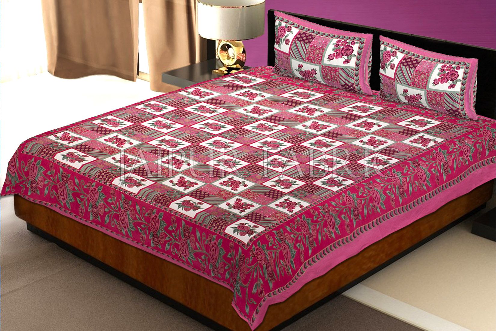 Pink Color Floral Print Square Design Cotton Double Bed Sheet