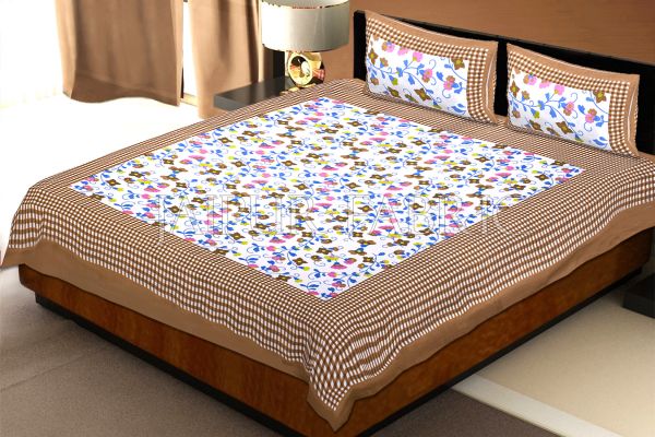Brown Checkered Border Floral Print Cotton Double Bed Sheet