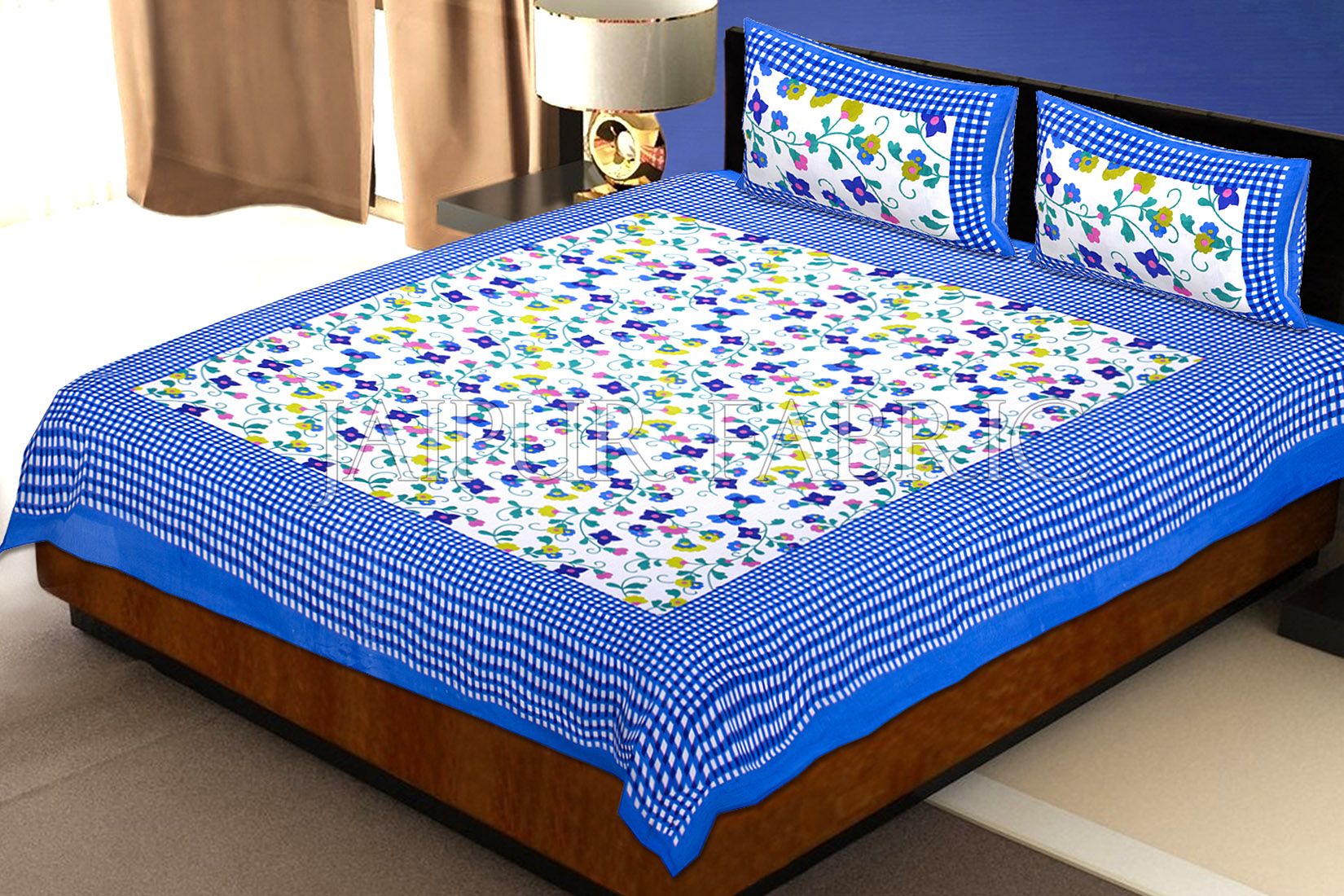 Blue Checkered Border Floral Print Cotton Double Bed Sheet