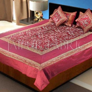 Maroon Base With Golden Patchwork Cotton Satin Double Bed Sheet