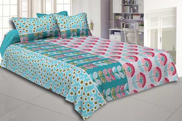Pink and Cyan Floral Print Cotton Double Bed Sheet
