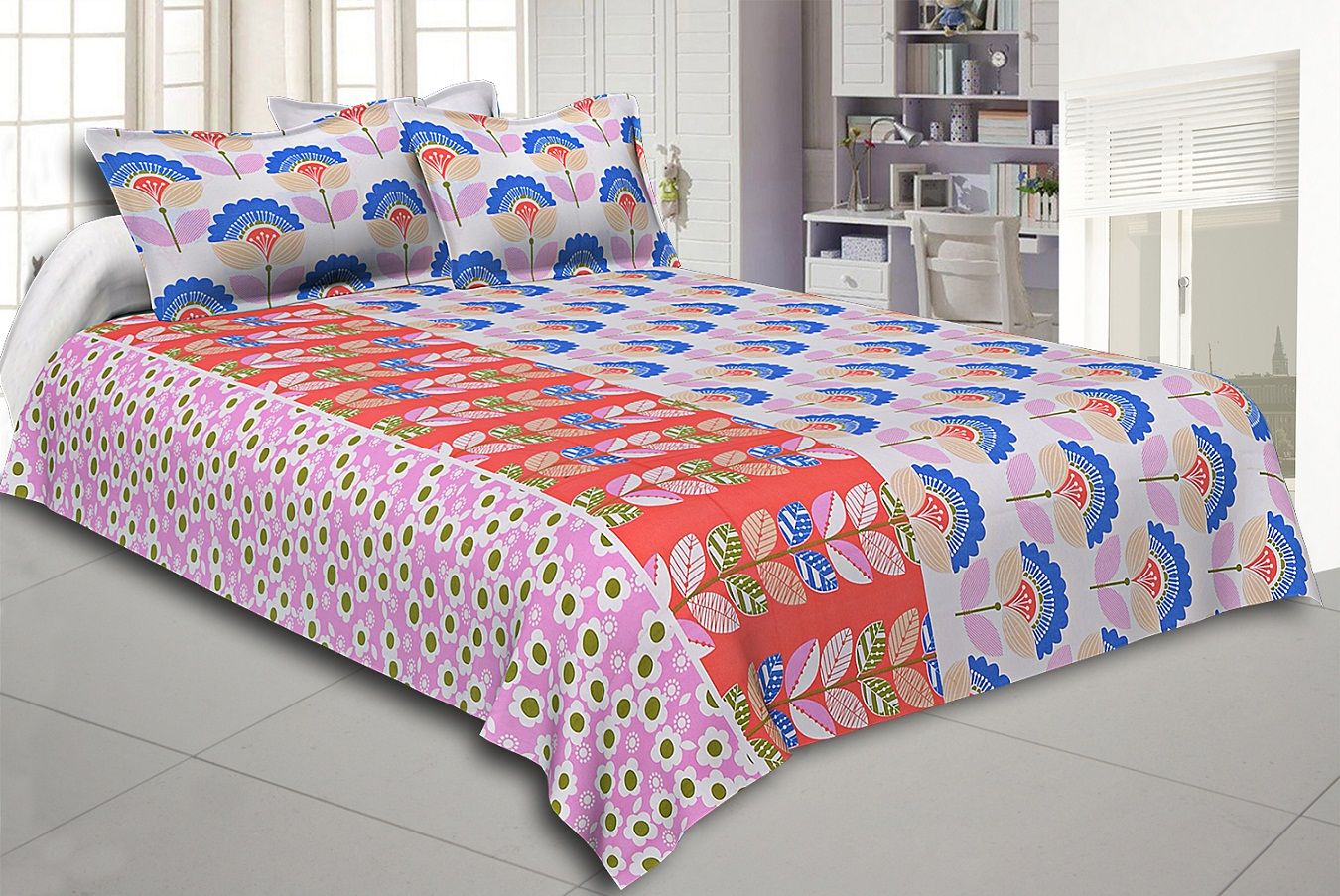 Blue and Orange Floral Print Cotton Double Bed Sheet