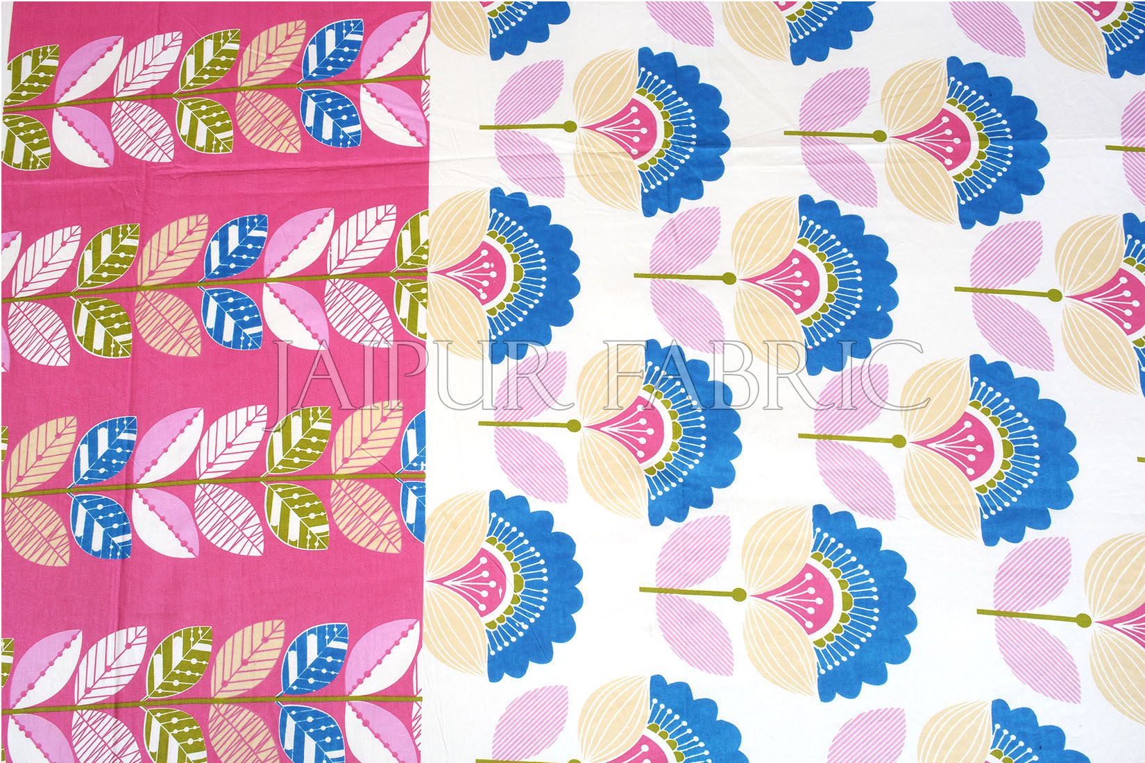 Pink and Blue Floral Print Cotton Double Bed Sheet