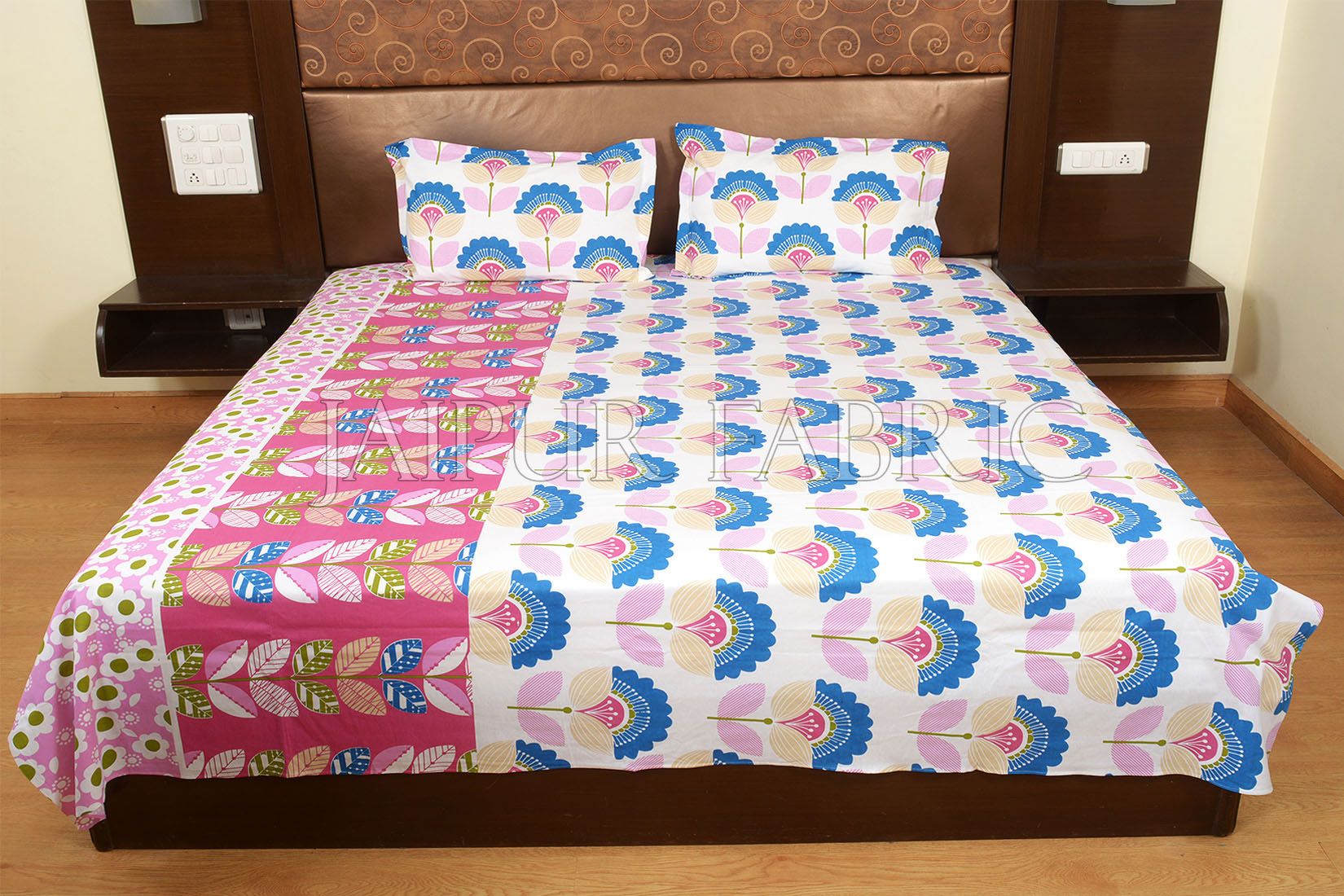 Pink and Blue Floral Print Cotton Double Bed Sheet