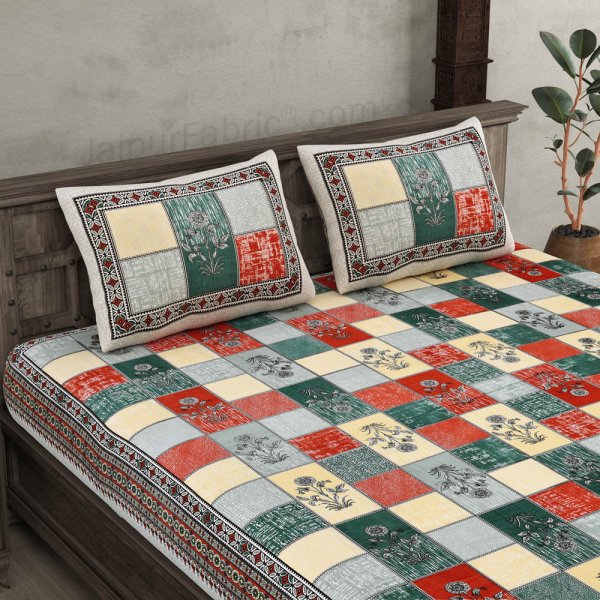 Decorated Squares  Red Cotton Double Bedsheet