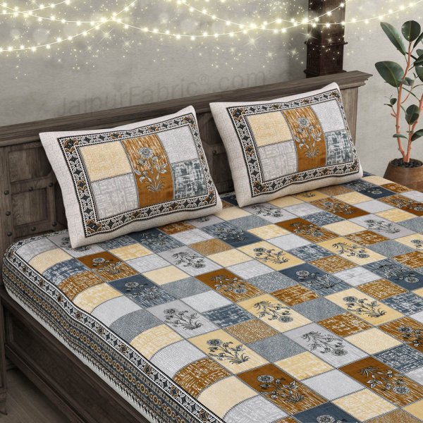 Decorated Squares Grey Cotton Double Bedsheet