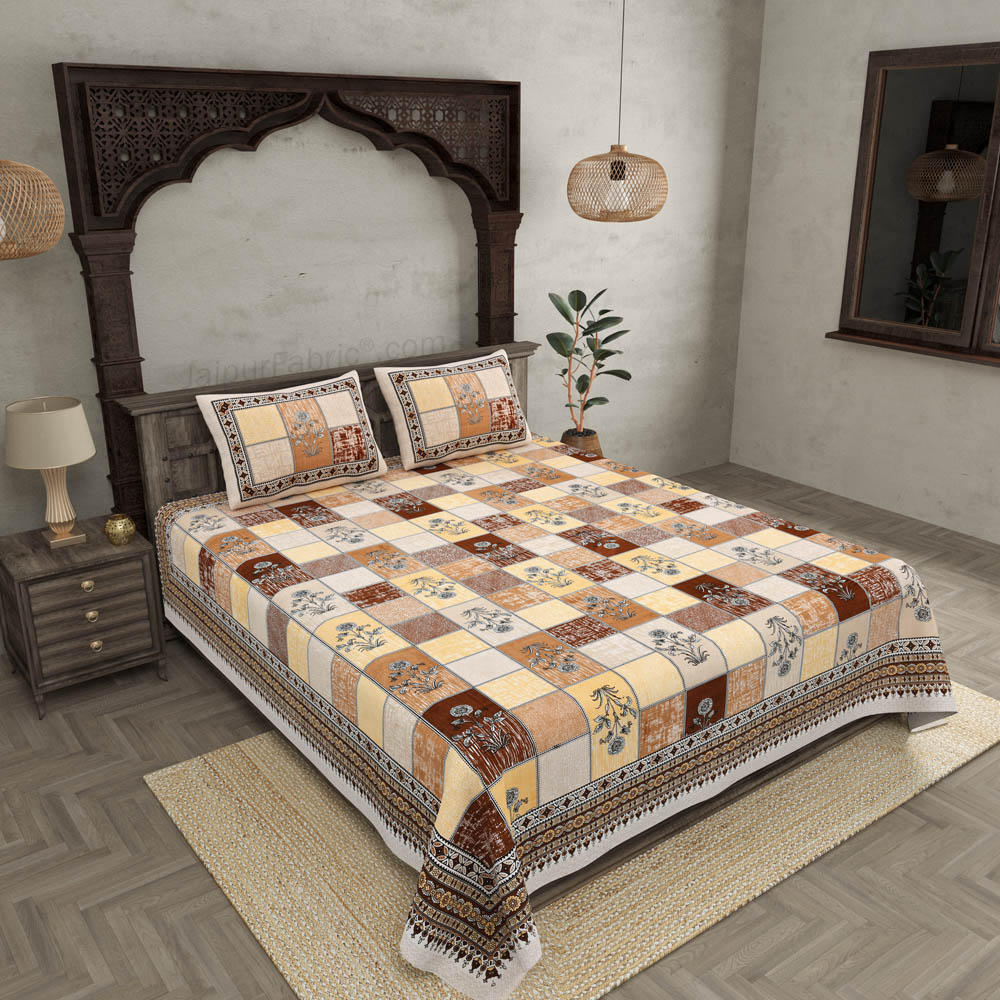 Decorated Squares Brown Cotton Double Bedsheet