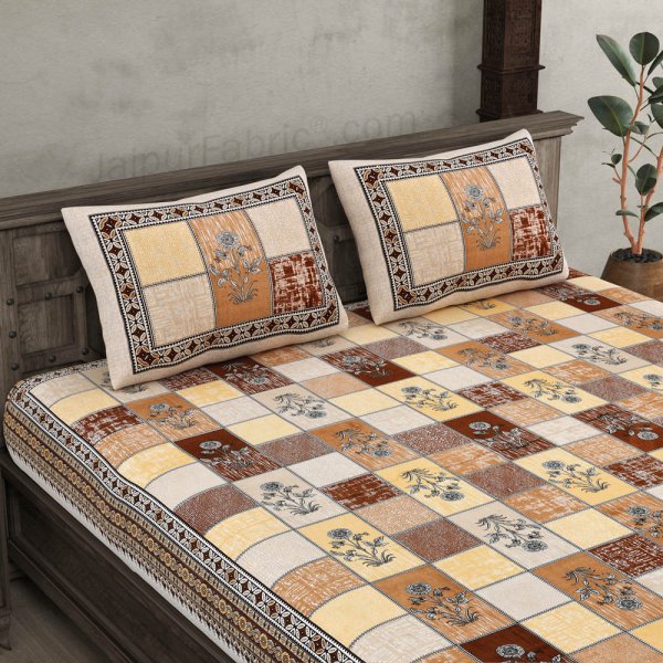 Decorated Squares Brown Cotton Double Bedsheet