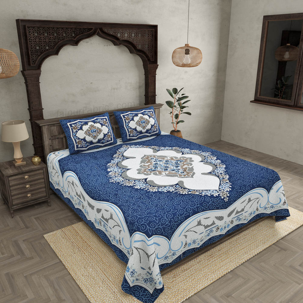 The Grand Sion Blue Cotton Double Bedsheet