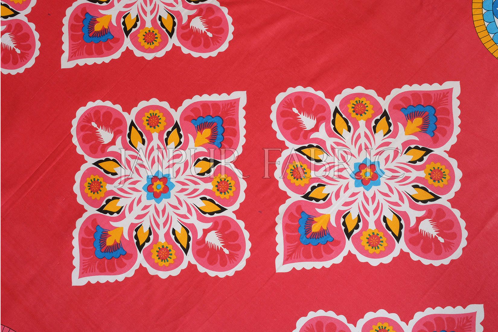 Red Base Multi Color Rangoli Print Cotton Double Bed Sheet