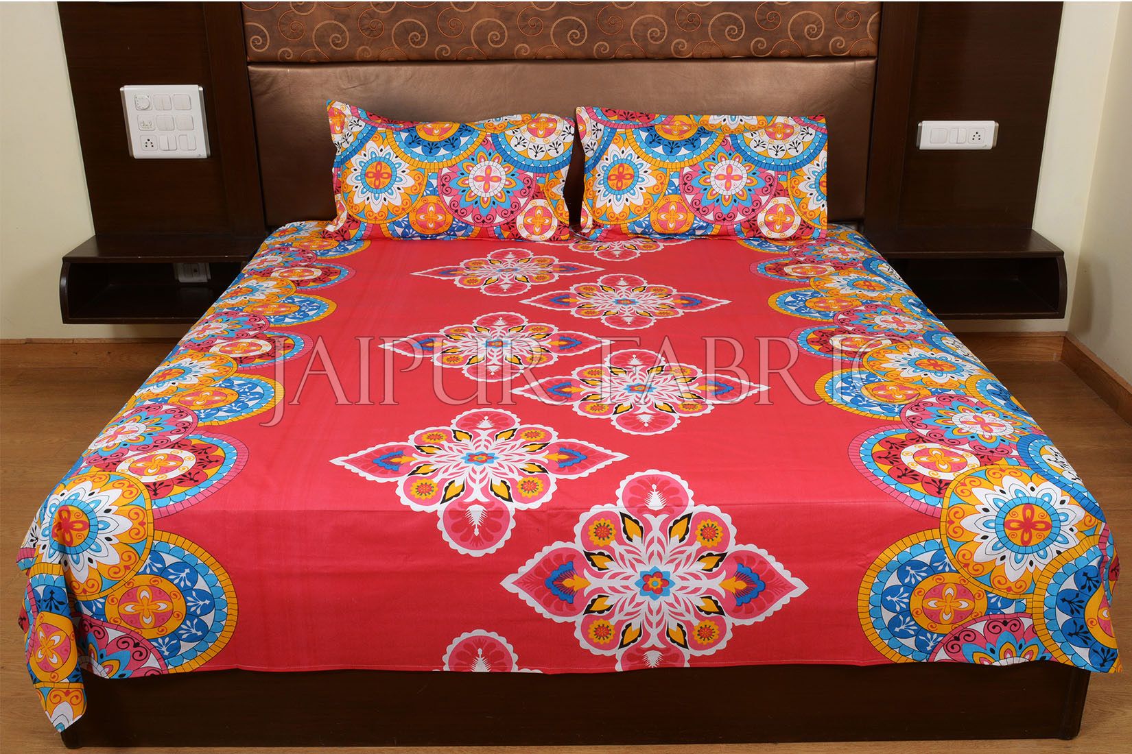 Red Base Multi Color Rangoli Print Cotton Double Bed Sheet