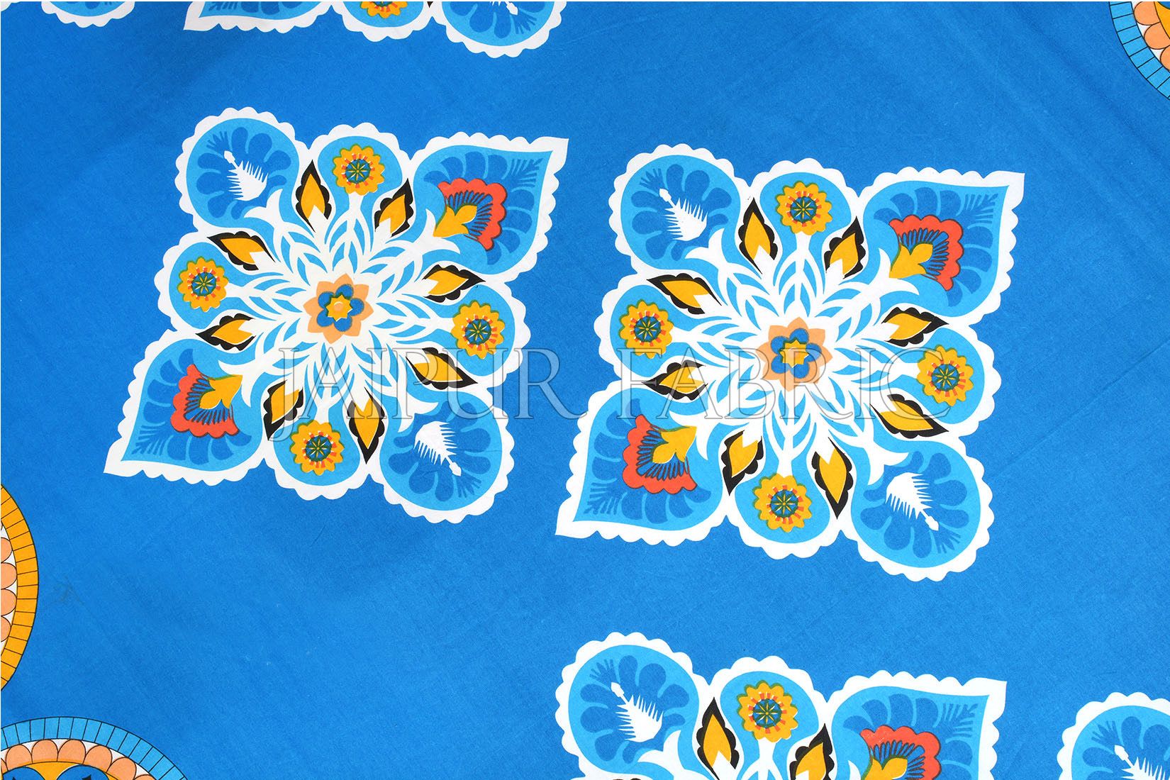 Blue Base Multi Color Rangoli Print Cotton Double Bed Sheet