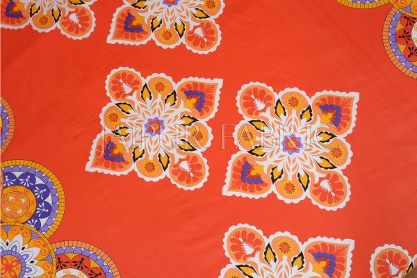 Orange Base Multi Color Rangoli Print Cotton Double Bed Sheet