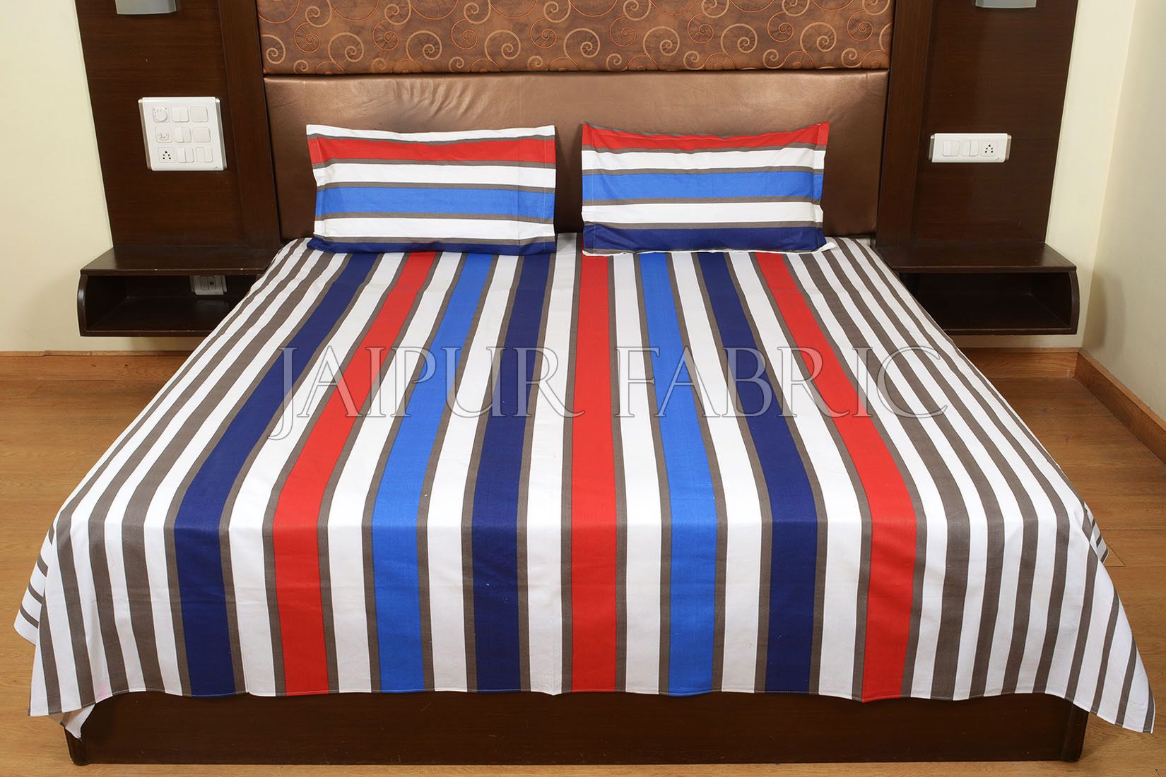 Red and Blue Vertical Striped Cotton Double Bed Sheet