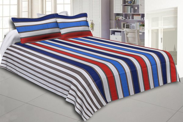 Red and Blue Vertical Striped Cotton Double Bed Sheet