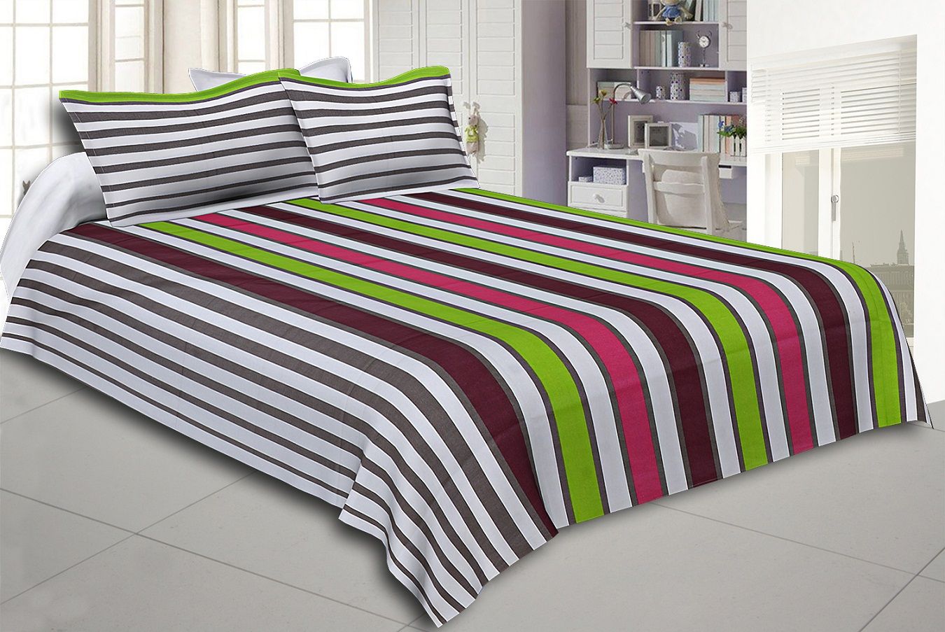 Green and Maroon Vertical Striped Cotton Double Bed Sheet