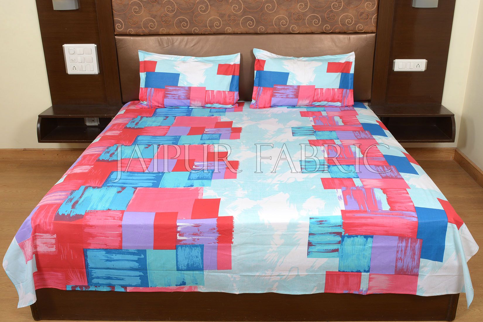 Pink and Blue Modern Design Cotton Double Bed Sheet
