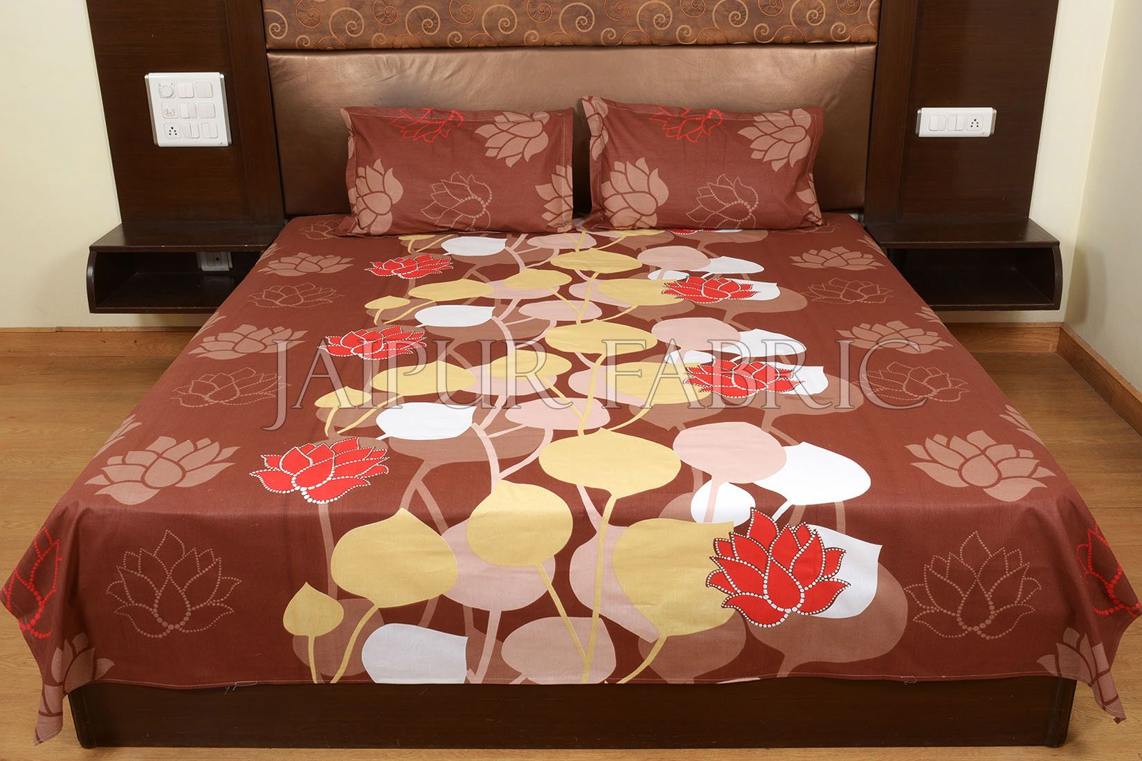 Brown Base Floral Print Designer Cotton Double Bed Sheet