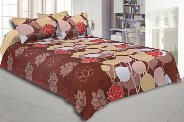 Brown Base Floral Print Designer Cotton Double Bed Sheet