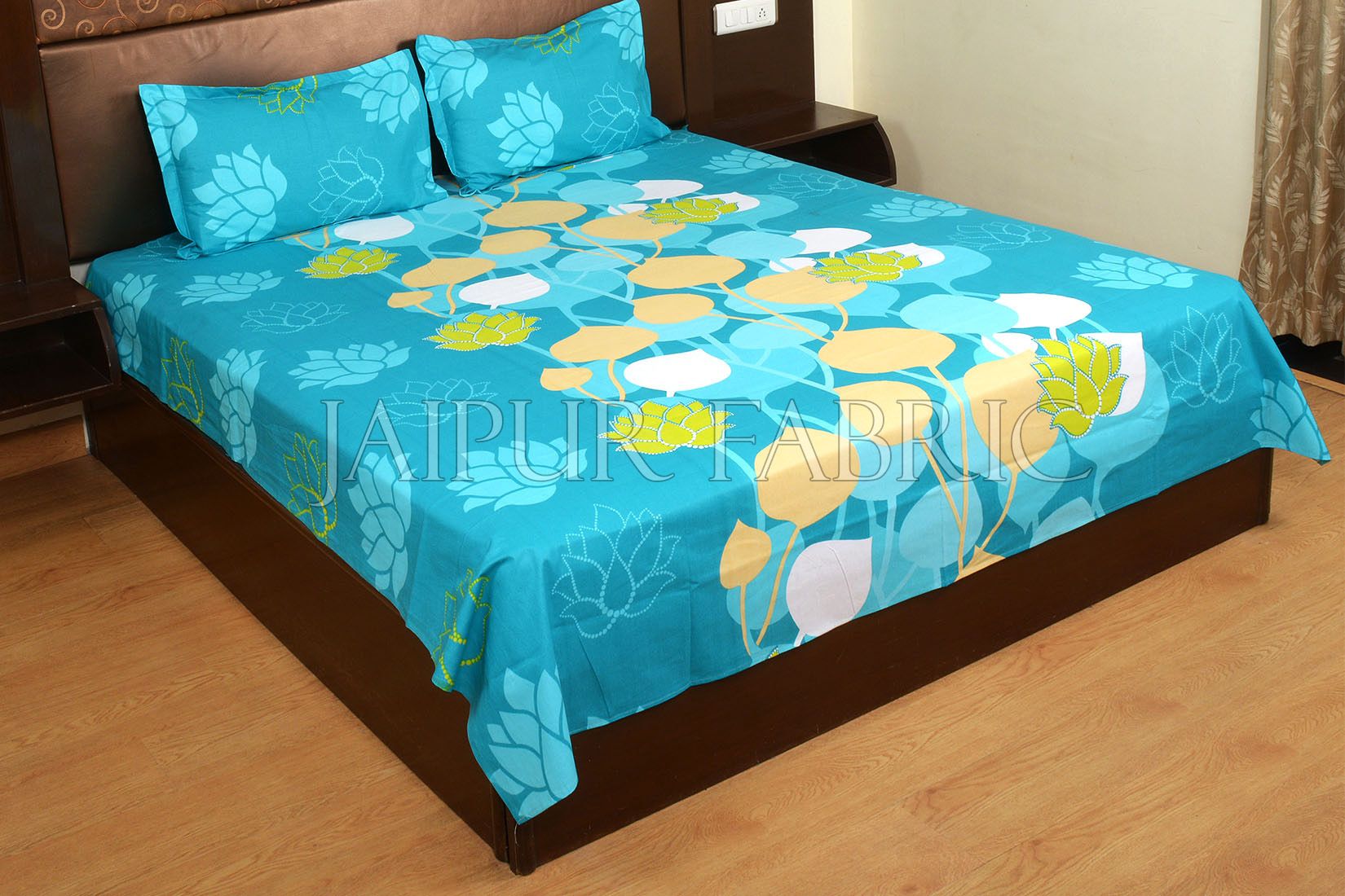 Blue Base Floral Print Designer Cotton Double Bed Sheet