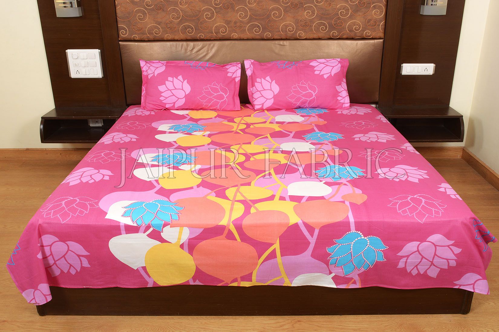 Pink Base Floral Print Designer Cotton Double Bed Sheet