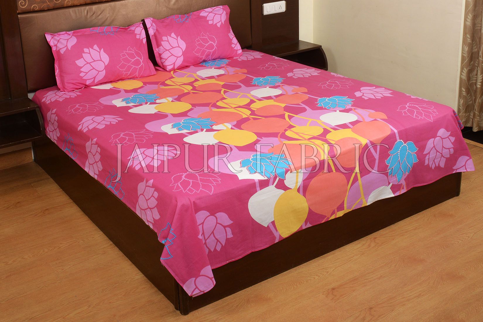 Pink Base Floral Print Designer Cotton Double Bed Sheet