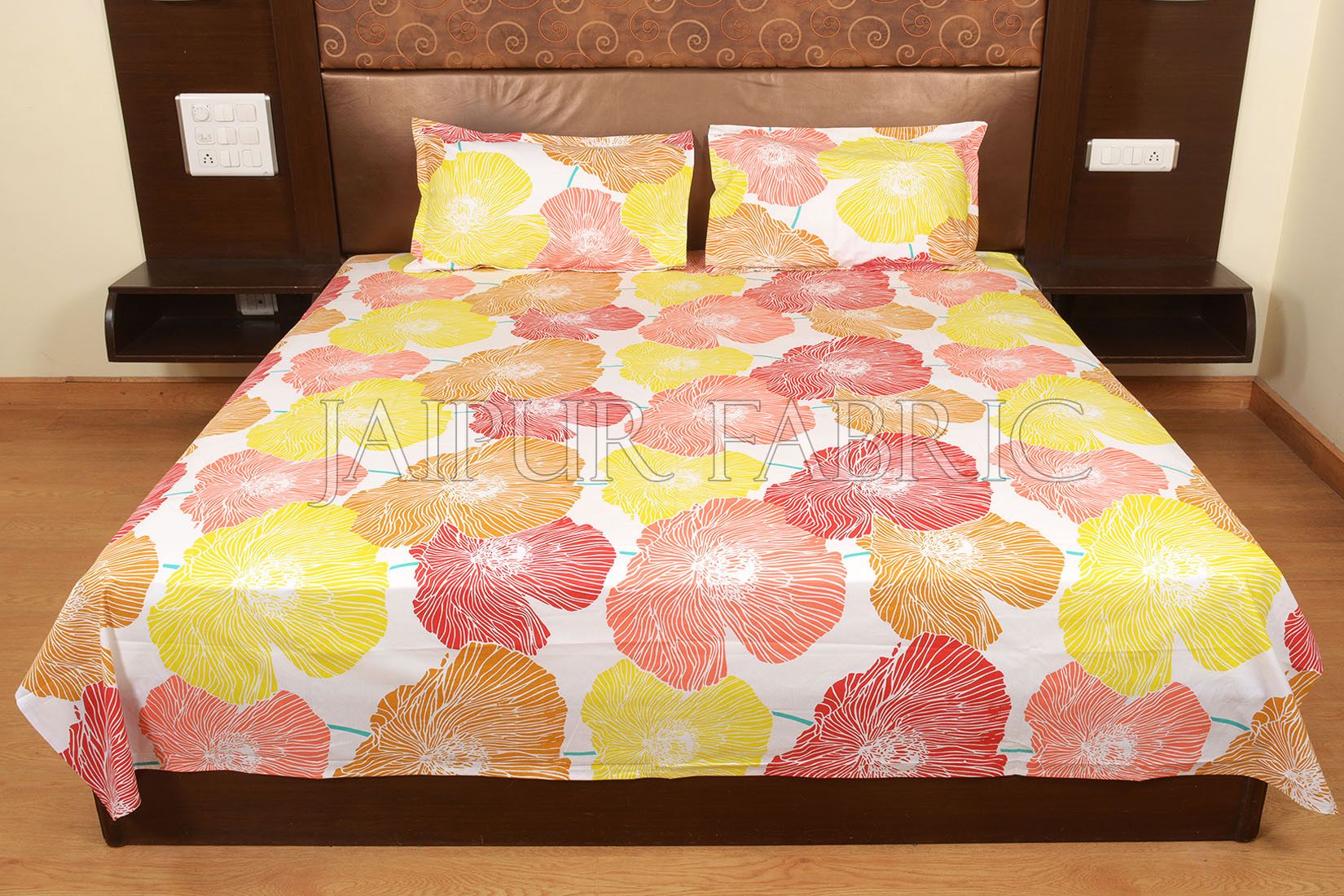 Yellow and Orange Floral Designer Cotton Double Bed Sheet