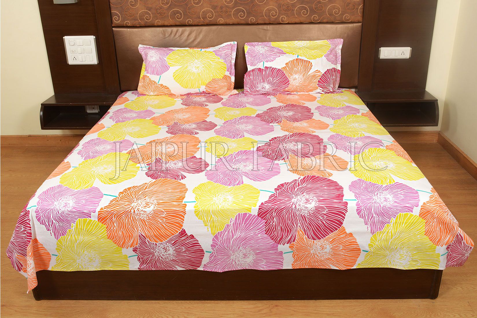 Yellow and Pink Floral Designer Cotton Double Bed Sheet