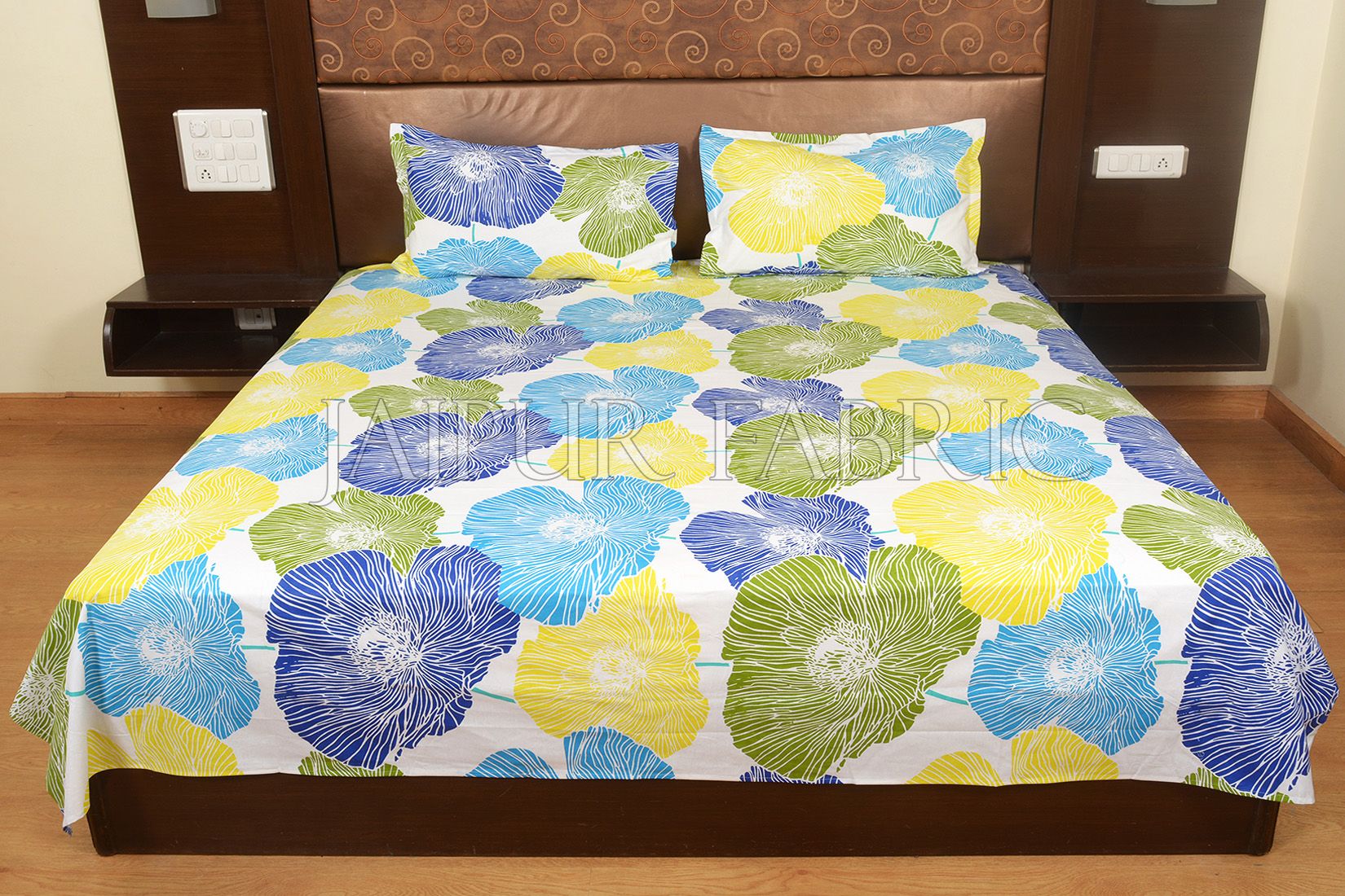 Yellow and Blue Floral Designer Cotton Double Bed Sheet