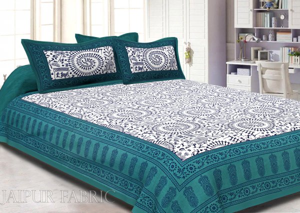 Animal Print Turquoise Cotton Double Bed Sheet