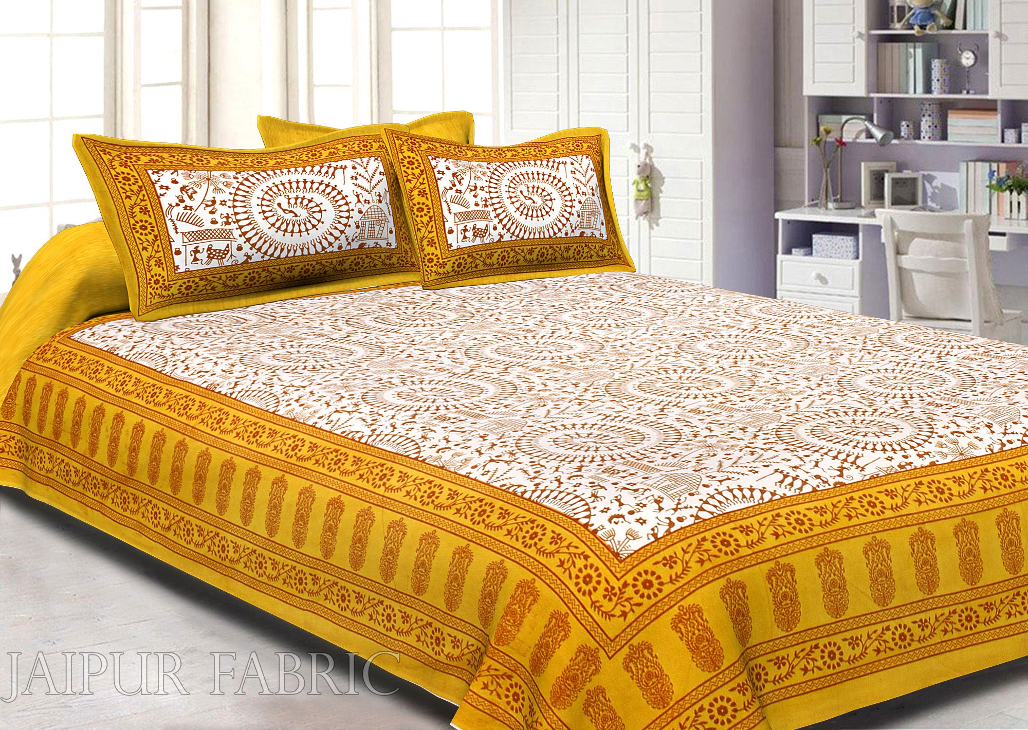 Animal Print Yellow Cotton Double Bed Sheet