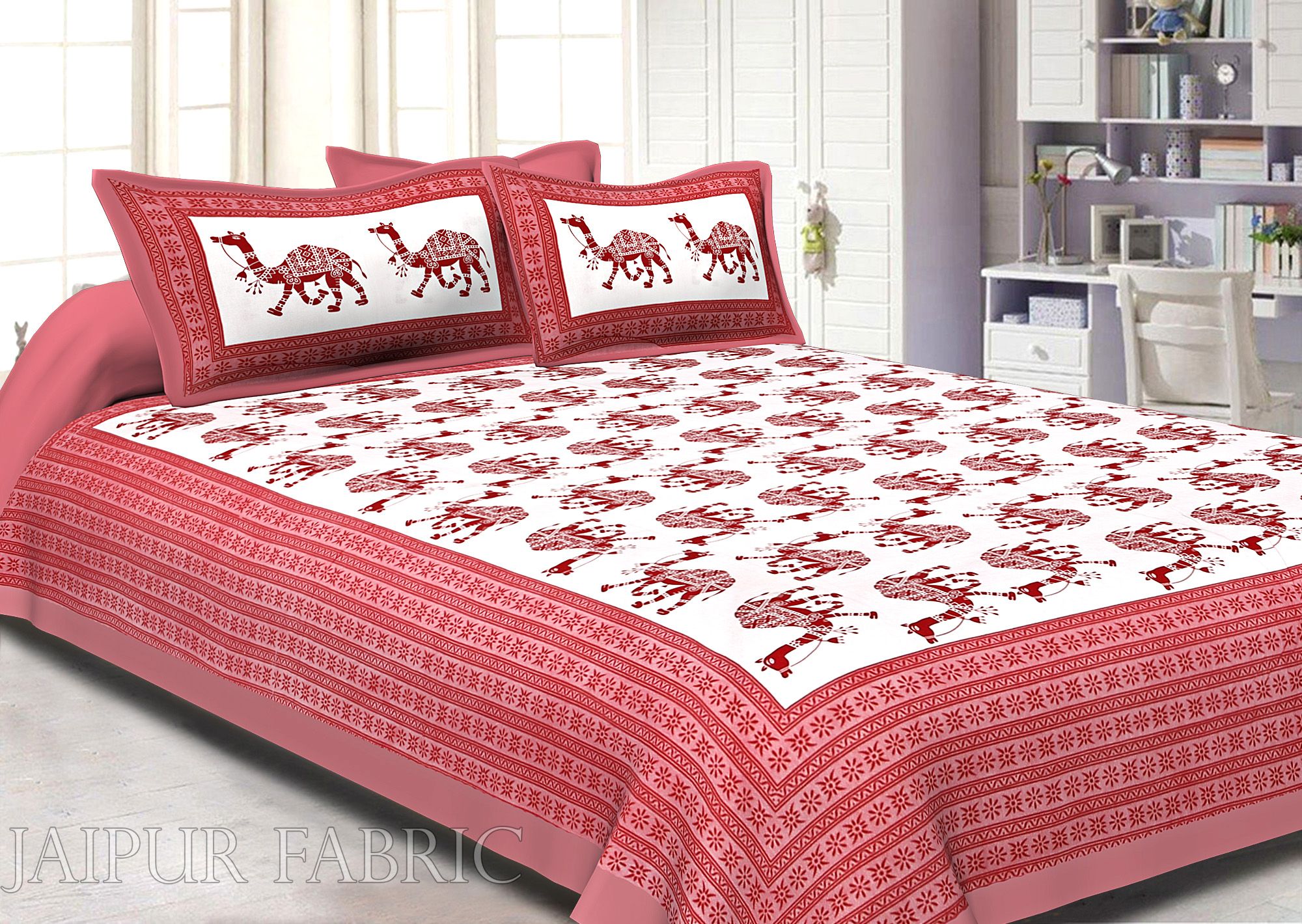 Pink Camel Print Cotton Double Bed Sheet