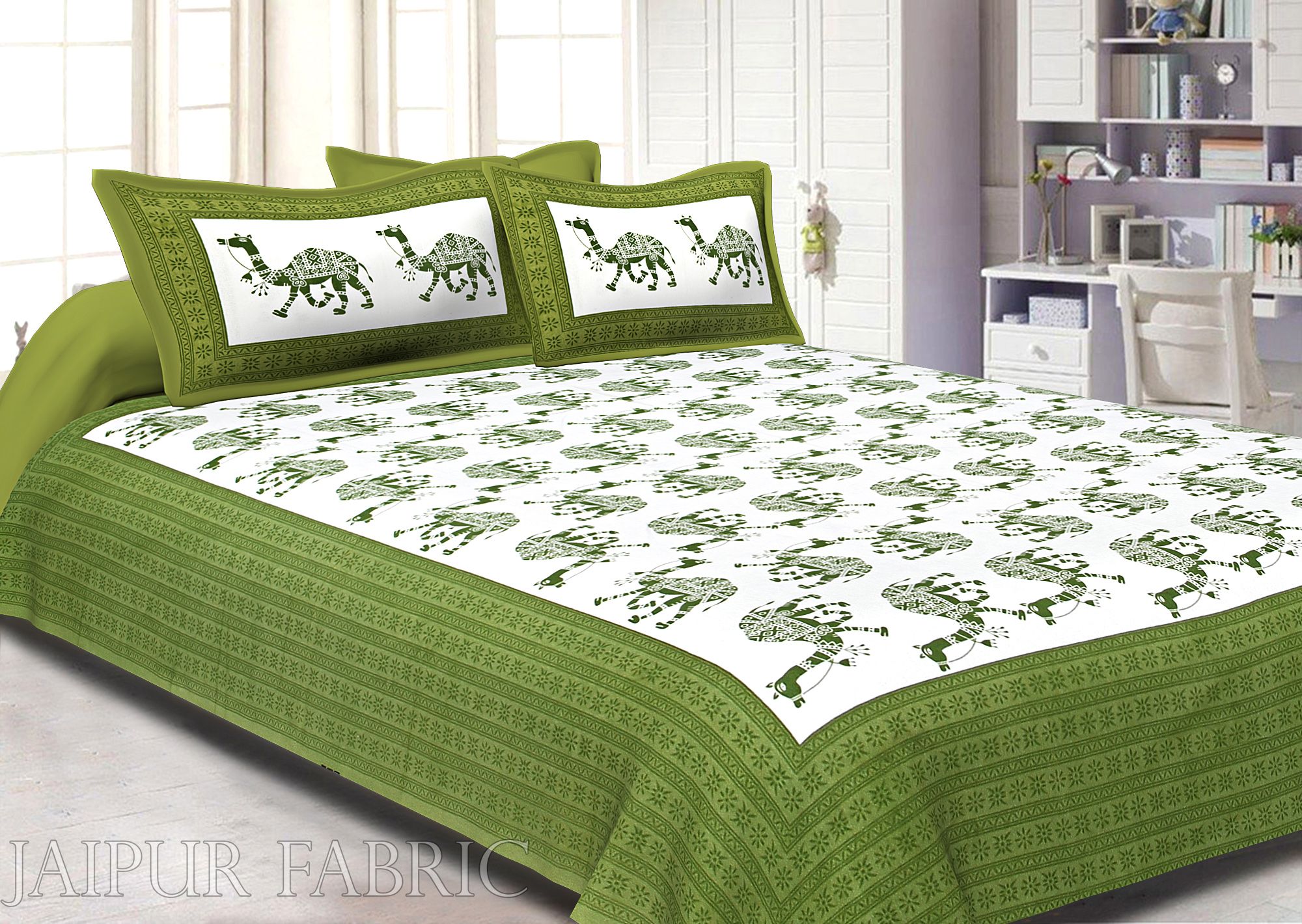 Green Camel Print Cotton Double Bed Sheet