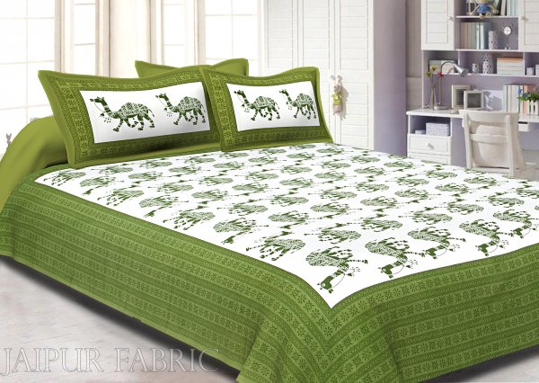 Green Camel Print Cotton Double Bed Sheet