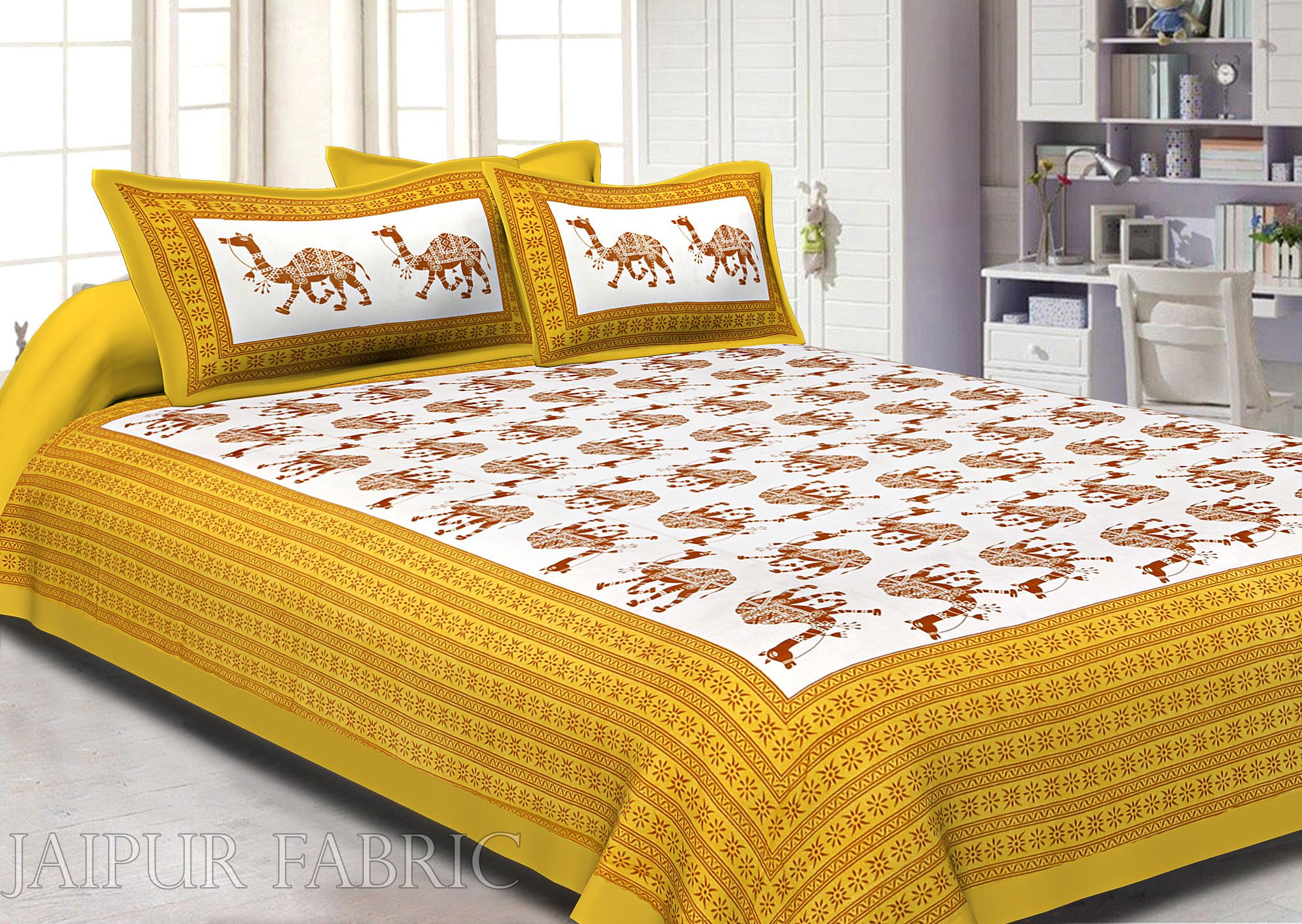 Yellow Camel Print Cotton Double Bed Sheet