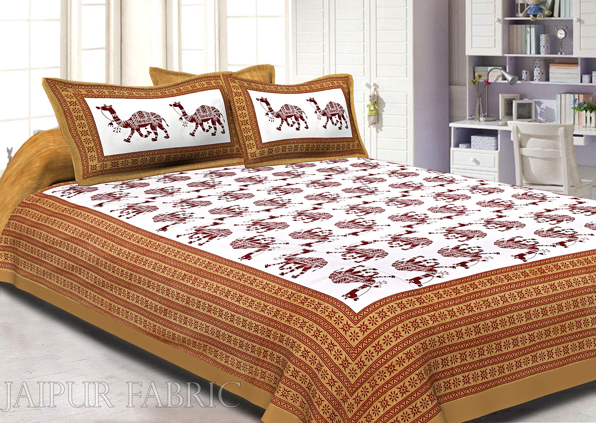 Brown Camel Print Cotton Double Bed Sheet