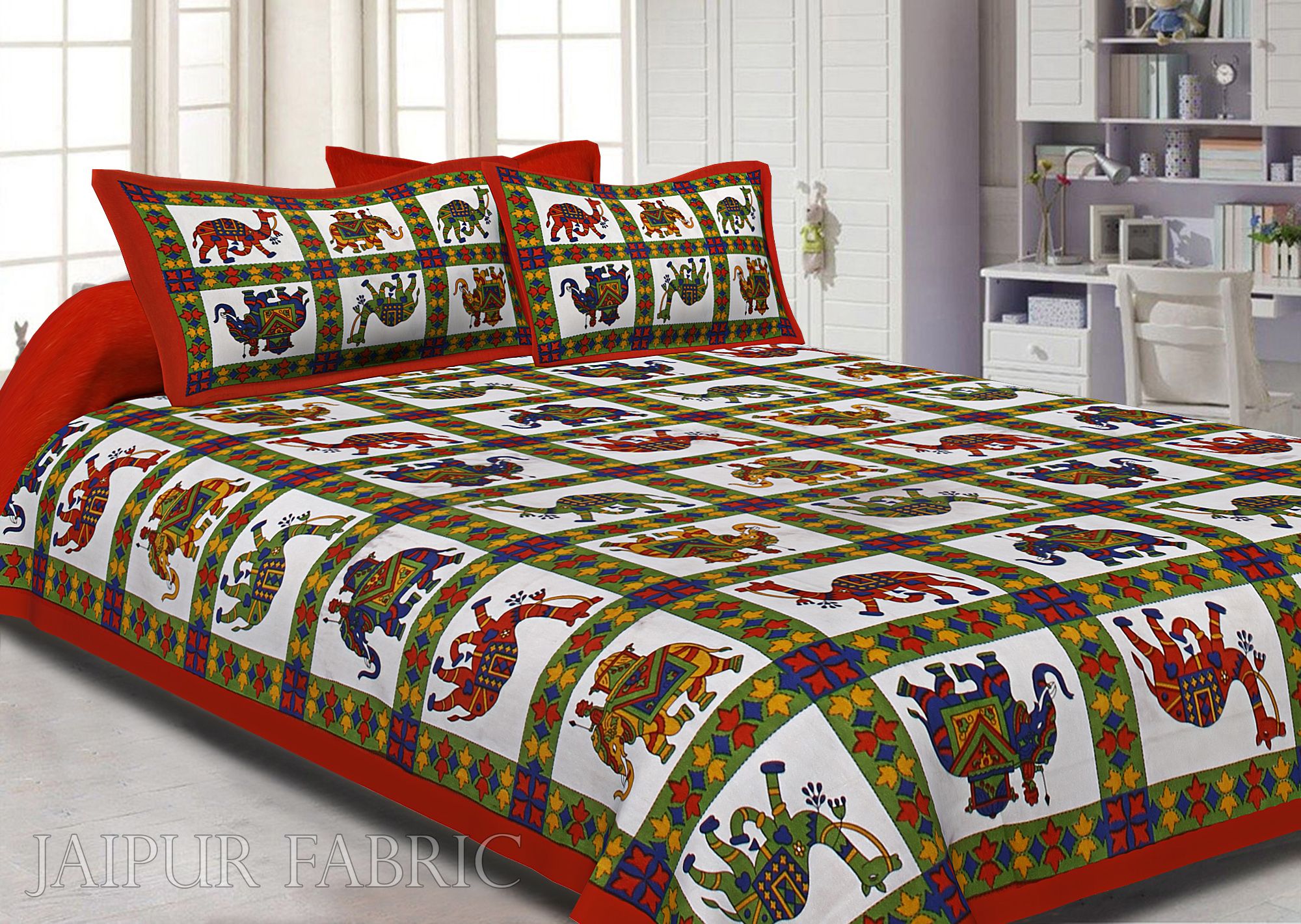 Orange Border Rajasthani Pattern Printed Cotton Double Bed Sheet