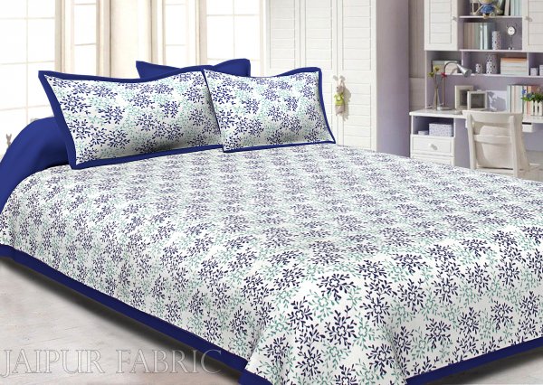 Blue Border Floral Printed Cotton Double Bed Sheet