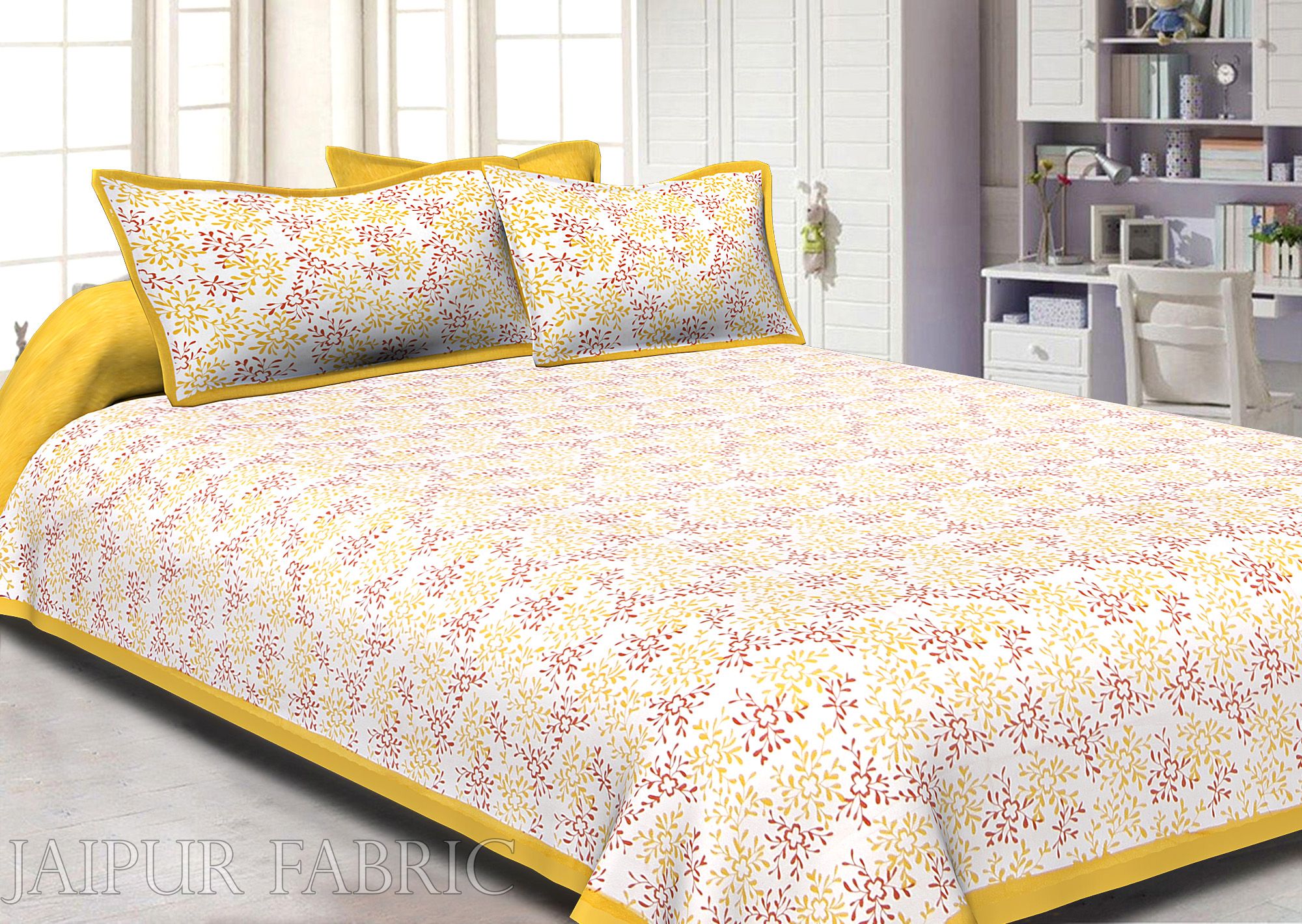 Yellow Border Floral Printed Cotton Double Bed Sheet